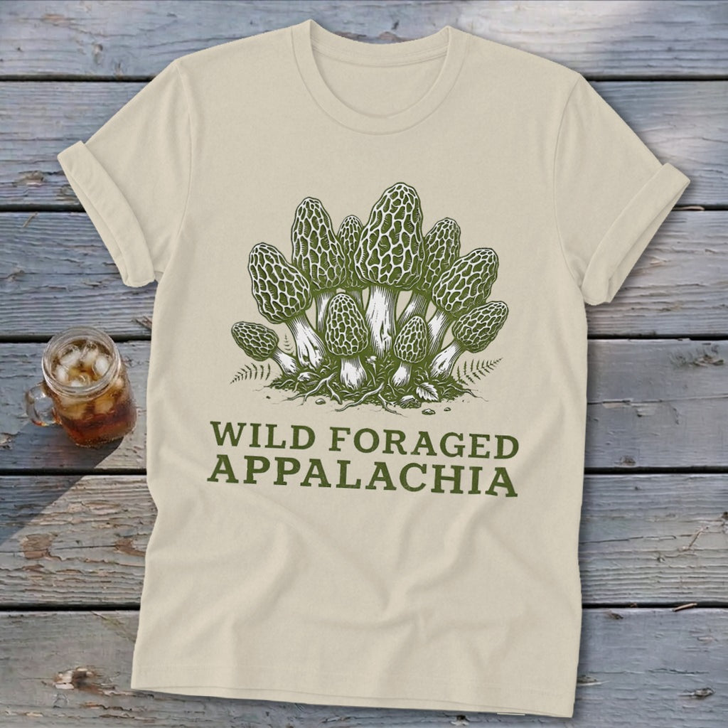 Cream t-shirt with a graphic of morel mushrooms and text "WILD FORAGED APPALACHIA".