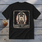 Black t-shirt with vintage lantern graphic and text "BUILT TO LAST".