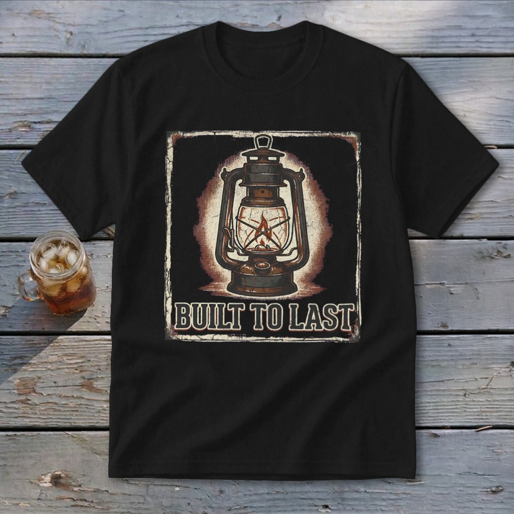 Black t-shirt with vintage lantern graphic and text "BUILT TO LAST".