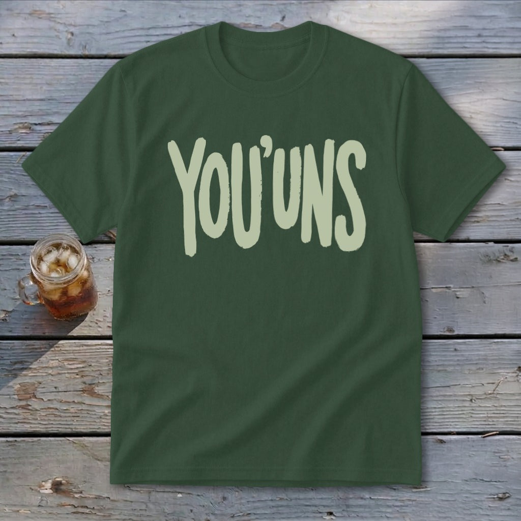 Green t-shirt with light green "YOU'UNS" text and a glass of iced tea.