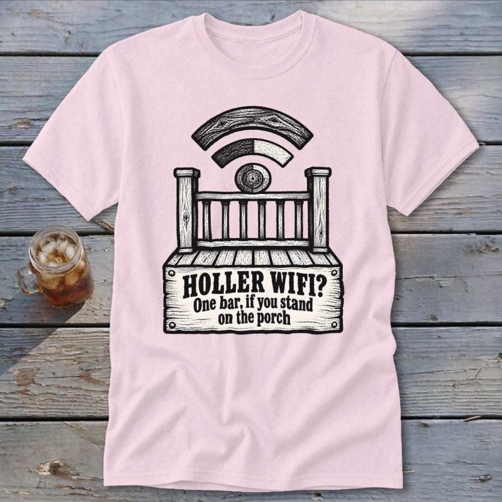 Light pink t-shirt featuring a humorous graphic of a porch with a weak Wi-Fi signal.