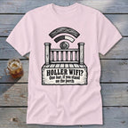 Light pink t-shirt featuring a humorous graphic of a porch with a weak Wi-Fi signal.