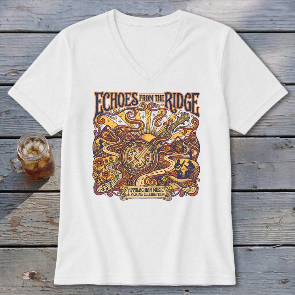 White t-shirt with "Echoes From The Ridge Appalachian Music & Picking Celebration" graphic.