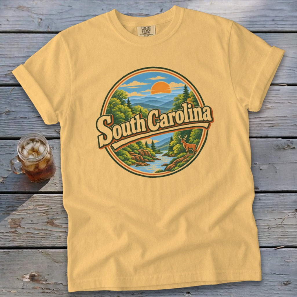 Yellow t-shirt with "South Carolina" text and scenic mountain landscape graphic.