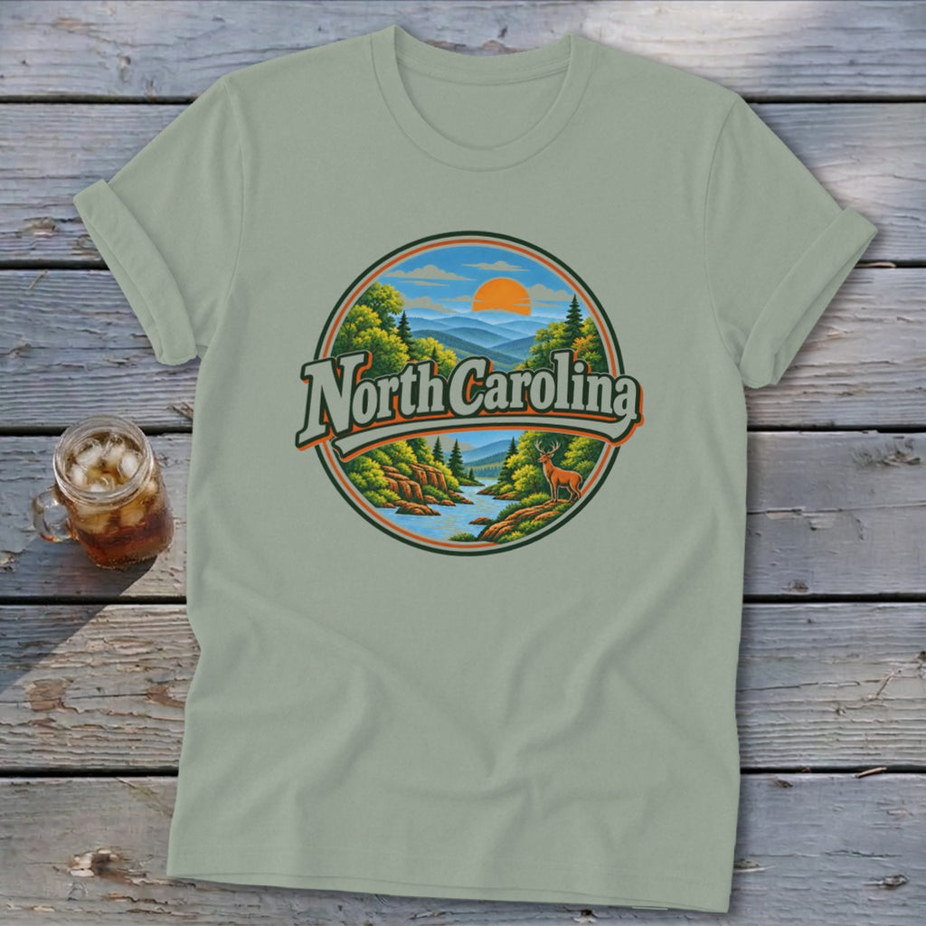 T-shirt graphic featuring a mountain landscape with "North Carolina" text.