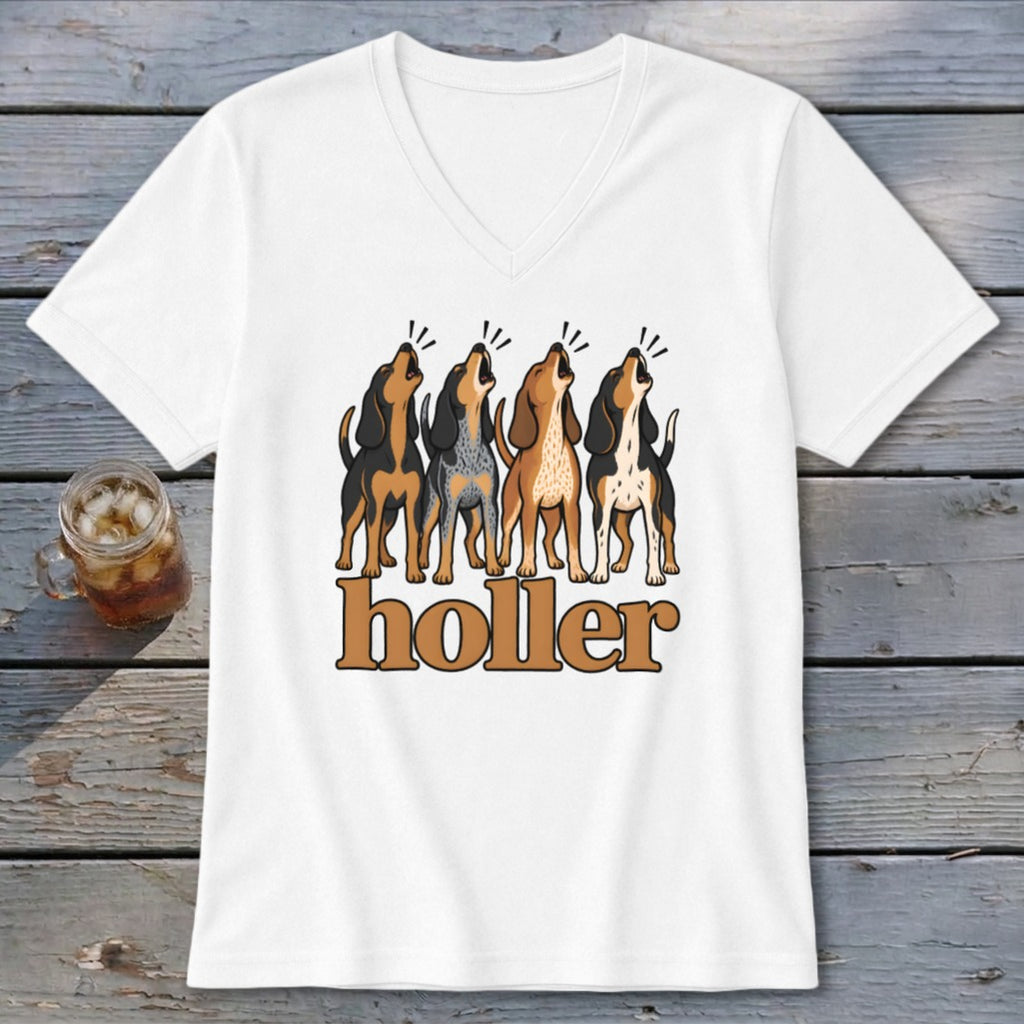 White v-neck t-shirt with four barking dogs and the text "holler".