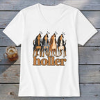 White v-neck t-shirt with four barking dogs and the text "holler".
