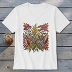 White v-neck t-shirt with a colorful floral bouquet print on the front.