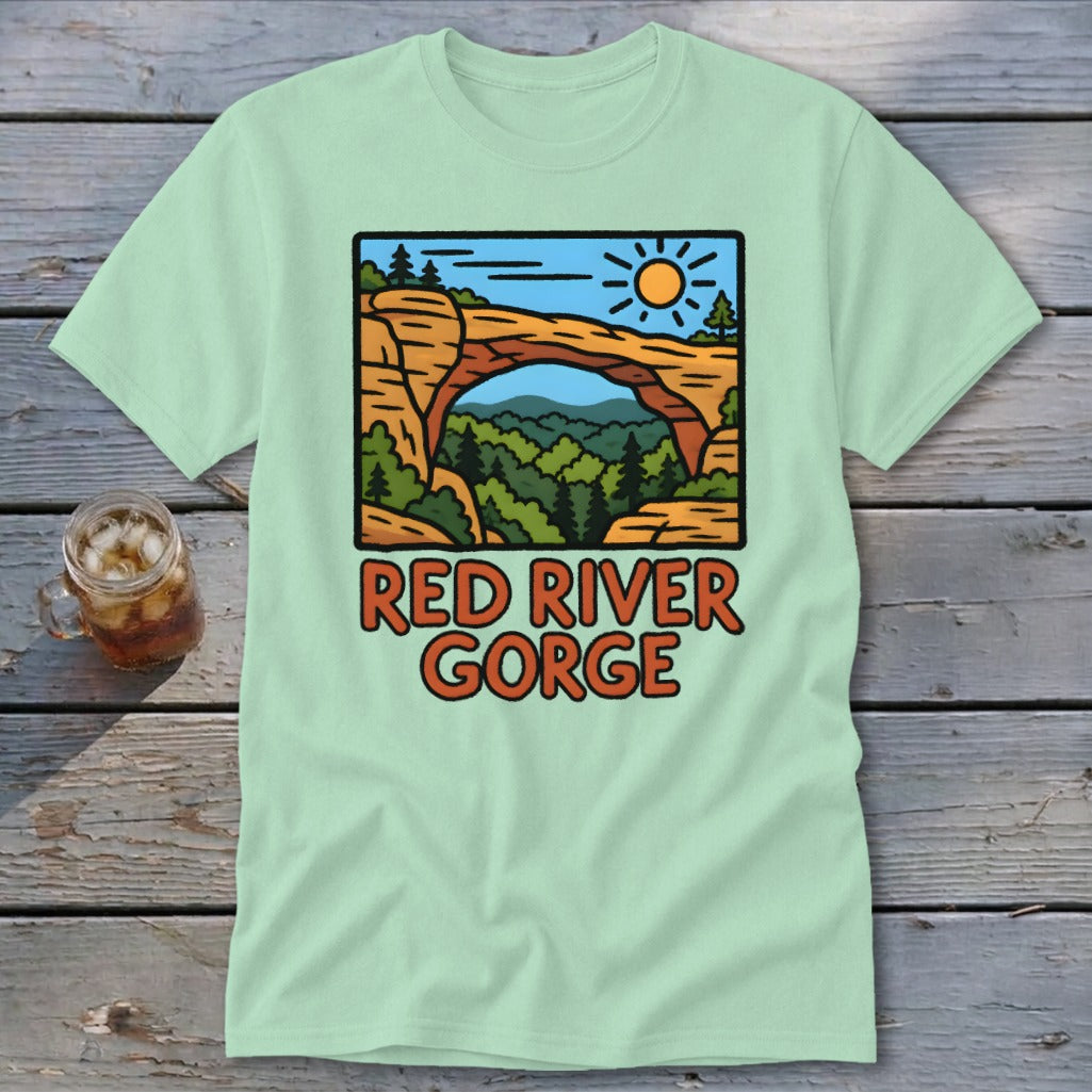 Mint green t-shirt with Red River Gorge natural arch graphic and text.