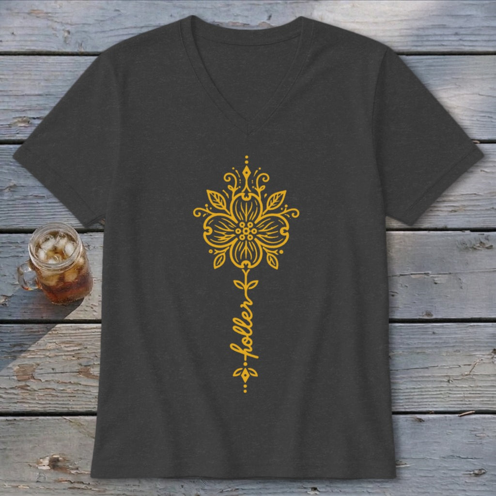 Charcoal v-neck t-shirt with yellow floral design and "holler" text.