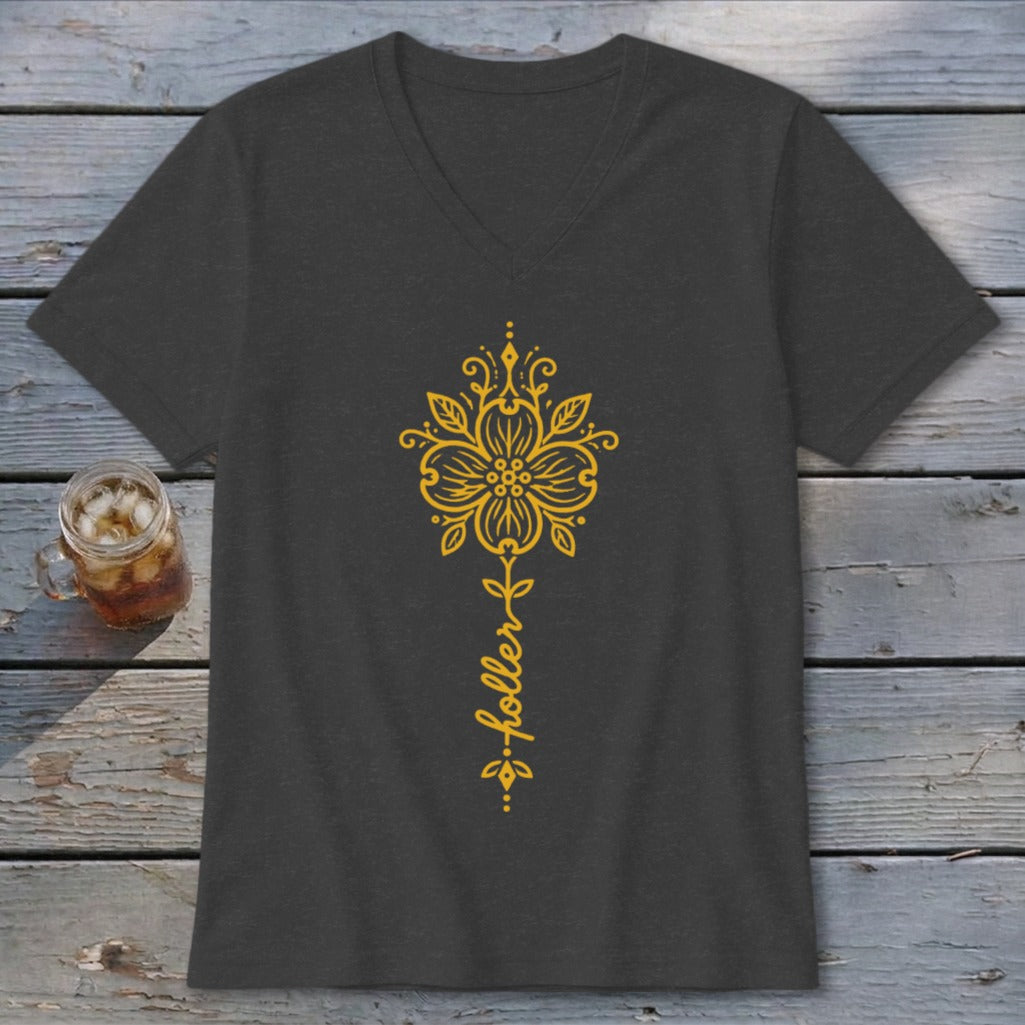 Charcoal v-neck t-shirt with yellow floral design and "holler" text.