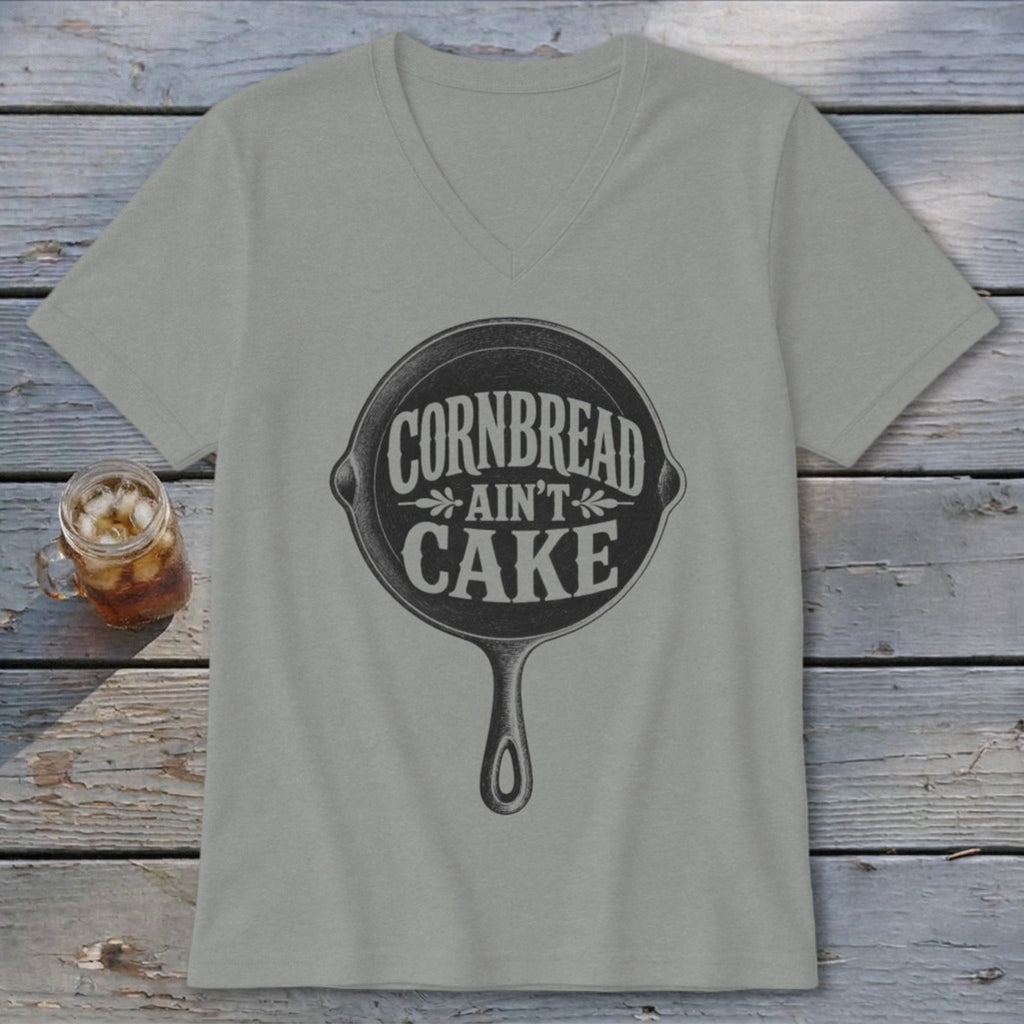 Light gray t-shirt with "Cornbread Ain't Cake" graphic in cast iron skillet.