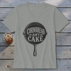 Light gray t-shirt with "Cornbread Ain't Cake" graphic in cast iron skillet.