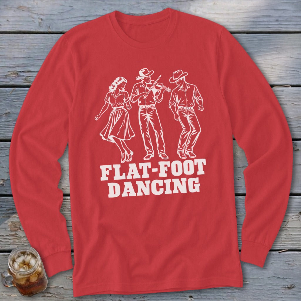 Red long sleeve shirt with white graphic of three dancers and "FLAT-FOOT DANCING".