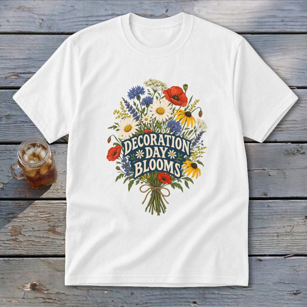 White t-shirt with a bouquet of wildflowers and text "Decoration Day Blooms."