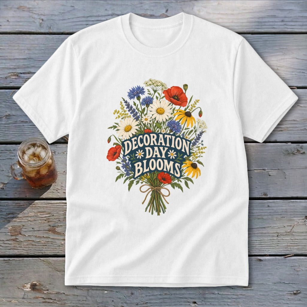 White t-shirt with a bouquet of wildflowers and text "Decoration Day Blooms."