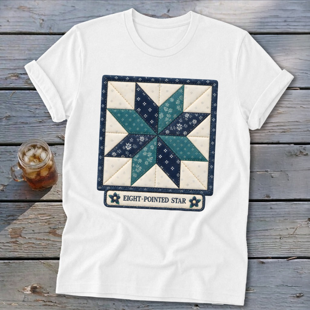 White t-shirt featuring an eight-pointed star quilt block design with text.