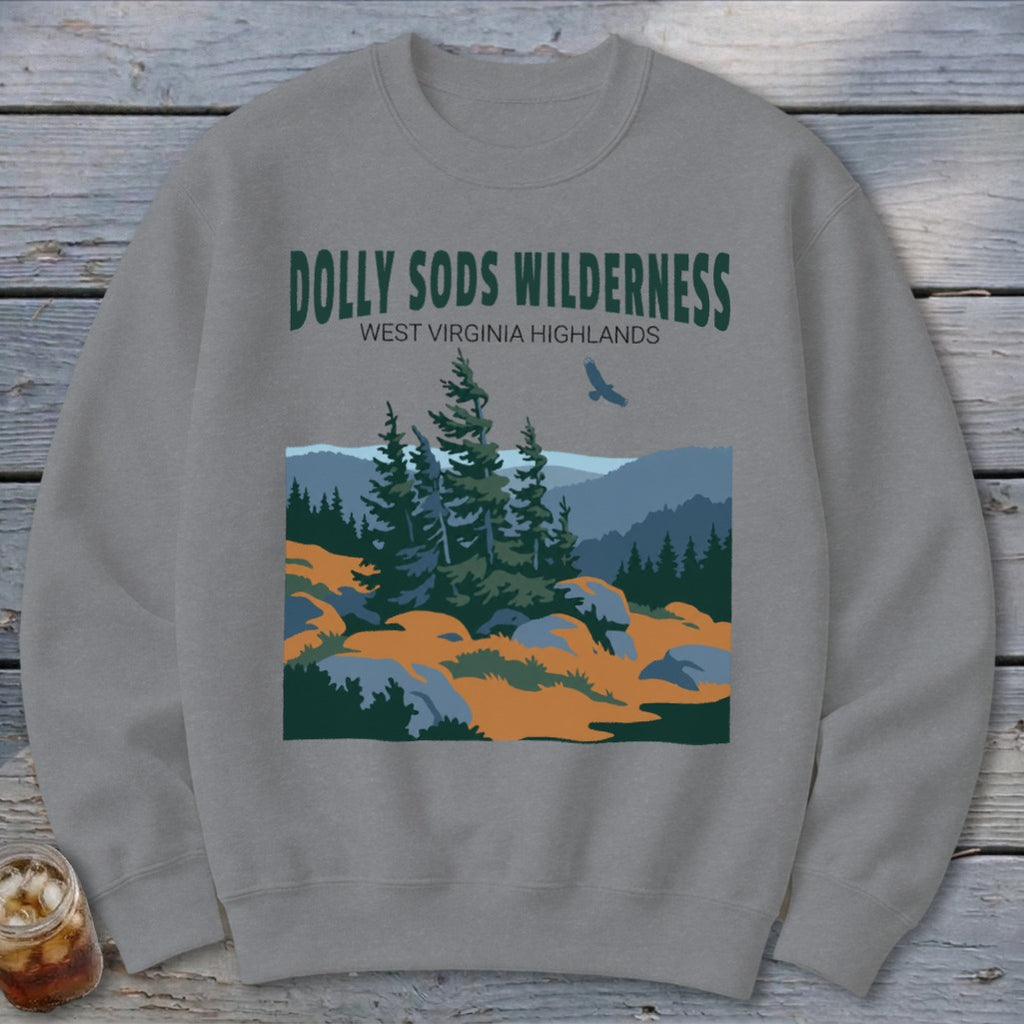 A gray crewneck sweatshirt printed with Dolly Sods Wilderness landscape graphics and text on the chest.