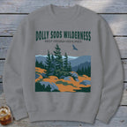 A gray crewneck sweatshirt printed with Dolly Sods Wilderness landscape graphics and text on the chest.