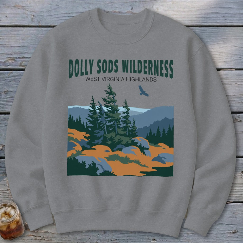 A gray crewneck sweatshirt printed with Dolly Sods Wilderness landscape graphics and text on the chest.