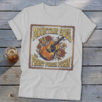 White t-shirt with "Mountain Soul and Front Porch Pickin'" text and guitar.