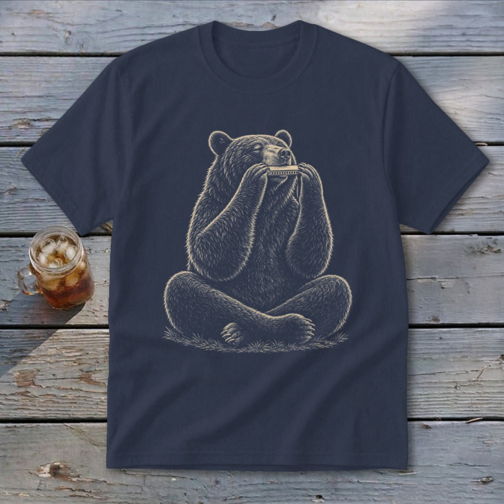 Dark blue t-shirt with line drawing of a bear playing a harmonica.