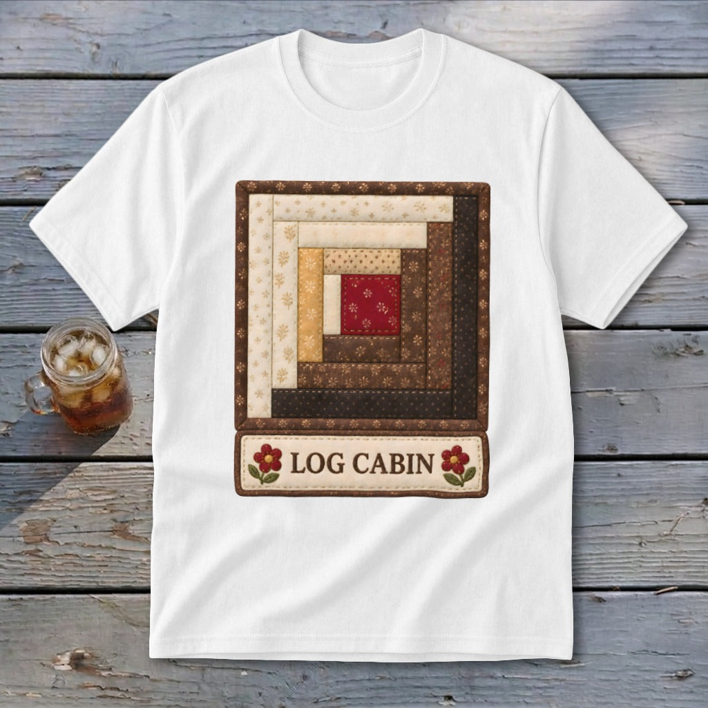 White t-shirt with a log cabin quilt square and "LOG CABIN" text.