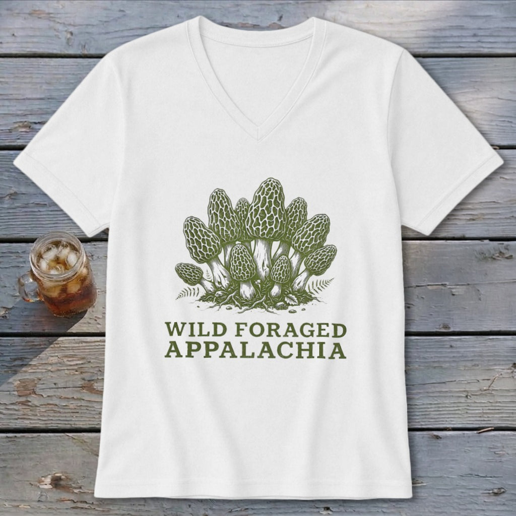 White t-shirt with a green illustration of morel mushrooms and "WILD FORAGED APPALACHIA" text.