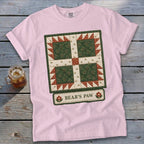 Pink t-shirt with a Bear's Paw quilt design and text.