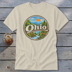 Cream t-shirt with circular Ohio graphic of a landscape with river, trees, deer, and mountains.