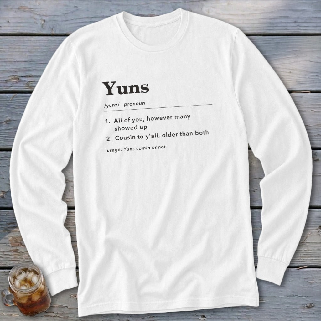 White long-sleeved shirt with dictionary definition for "Yuns".