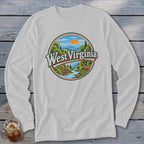 White long sleeve shirt with a circular West Virginia nature scene and deer graphic.