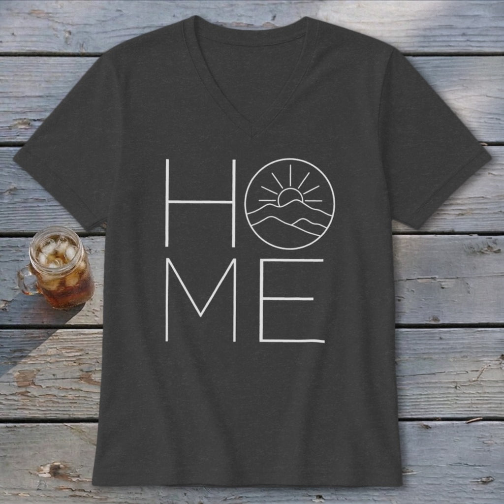 Dark gray V-neck t-shirt featuring a white "HOME" graphic, where the letter "O" contains a mountain and sun scene.