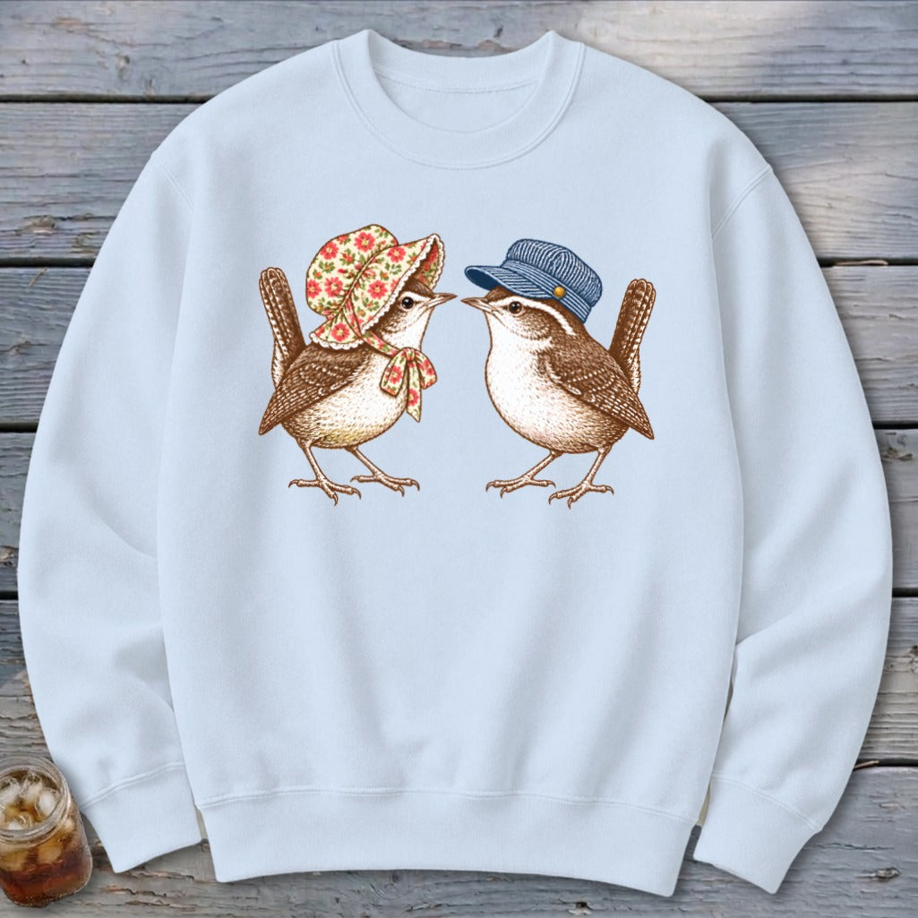 Two wrens wearing hats and scarves face each other on a light blue sweatshirt.