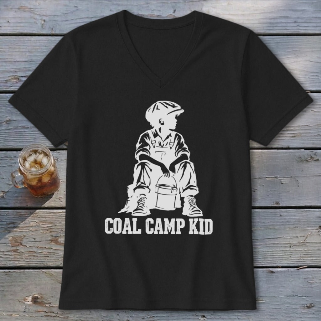 Black t-shirt with white graphic of a child with a bucket and text Coal Camp Kid.