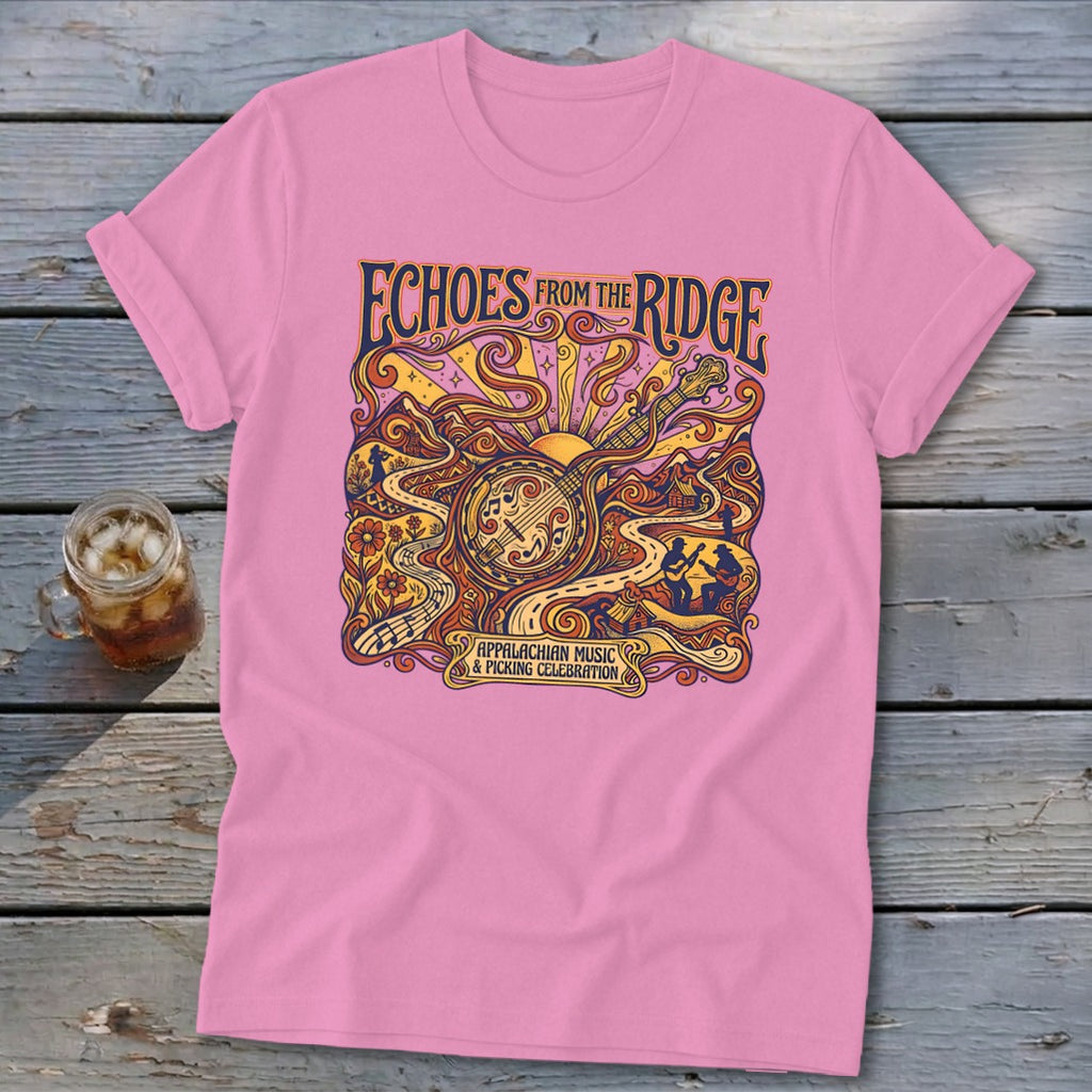 Pink t-shirt with "Echoes From The Ridge" and Appalachian music graphics.