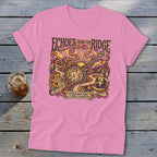 Pink t-shirt with "Echoes From The Ridge" and Appalachian music graphics.