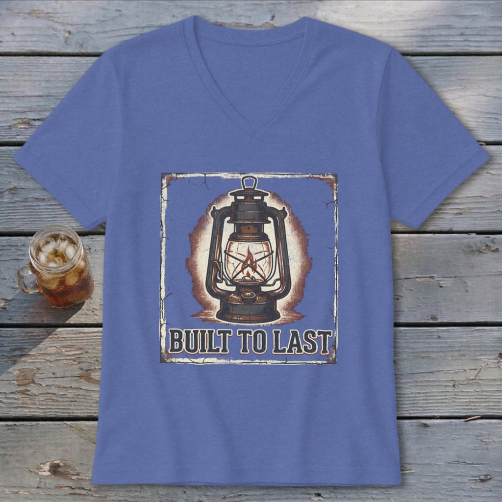 Blue t-shirt with a vintage lantern graphic and "BUILT TO LAST" text.