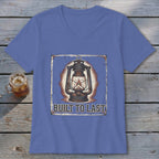 Blue t-shirt with a vintage lantern graphic and "BUILT TO LAST" text.