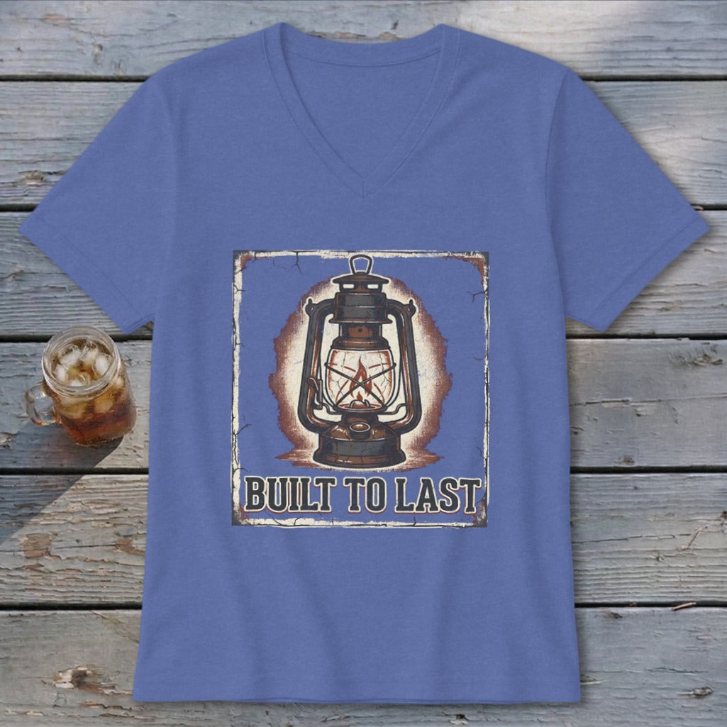 Blue t-shirt with a vintage lantern graphic and "BUILT TO LAST" text.