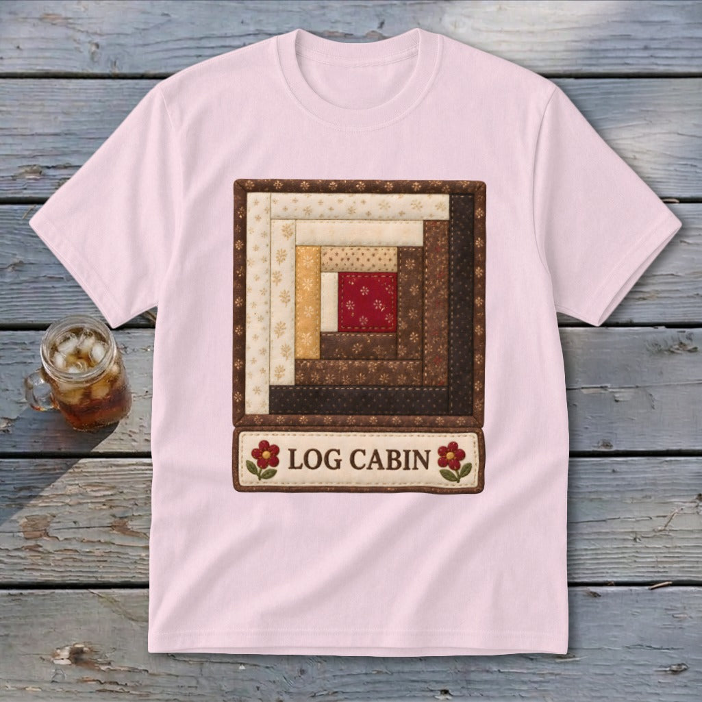 Pink t-shirt with a framed log cabin quilt design and "LOG CABIN" text.