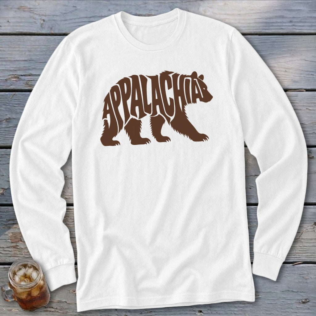 A white long-sleeved t-shirt featuring a brown bear graphic filled with the word Appalachia.