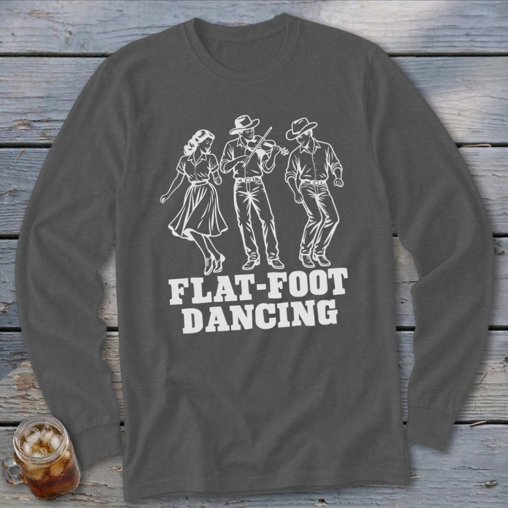 Flat-foot dancing graphic on a charcoal long-sleeve shirt with dancers and text.