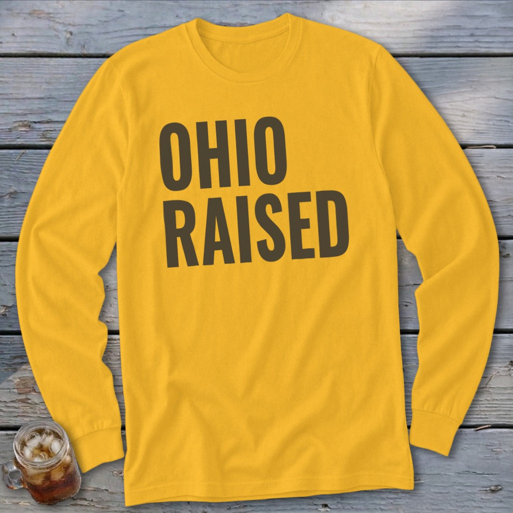 Yellow long-sleeve shirt with "OHIO RAISED" text in dark gray.