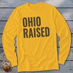 Yellow long-sleeve shirt with "OHIO RAISED" text in dark gray.