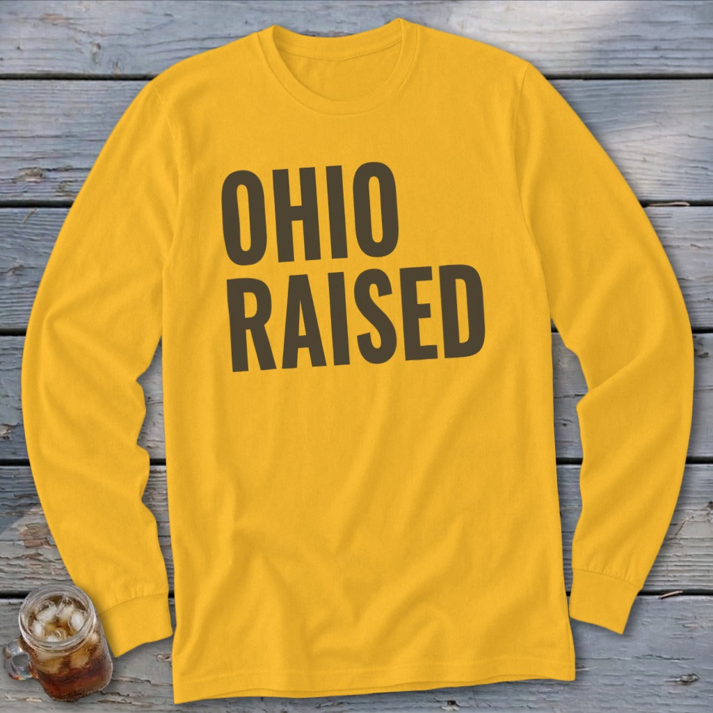 Yellow long-sleeve shirt with "OHIO RAISED" text in dark gray.