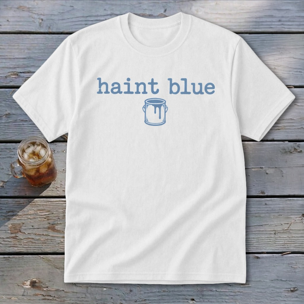 White t-shirt with blue "haint blue" text and paint can graphic.