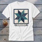 White t-shirt with an eight-pointed star quilt design and the text "EIGHT-POINTED STAR".