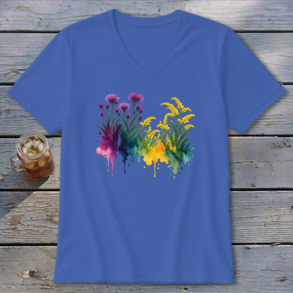 Blue v-neck t-shirt with a colorful watercolor floral design.