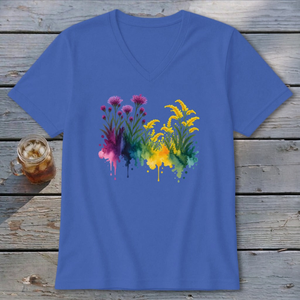 Blue v-neck t-shirt with a colorful watercolor floral design.